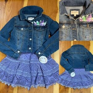 Upcycled recycled denim jacket with purple eyelet 3 tiered skirt. Tie dye flower